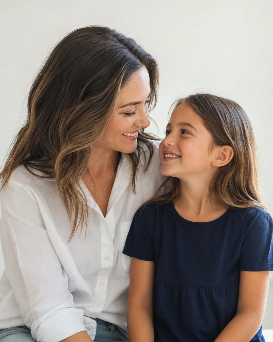 Mother and child smiling together, AI-generated family illustration