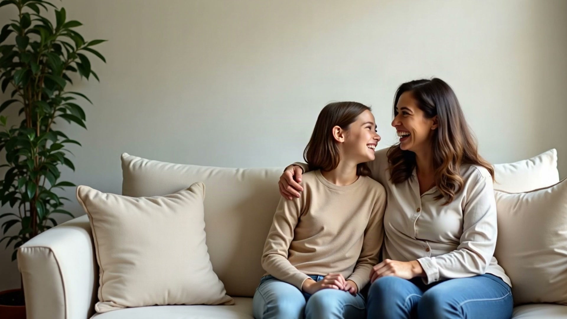 AI-generated illustration of a mother and daughter laughing together at home, not actual patients