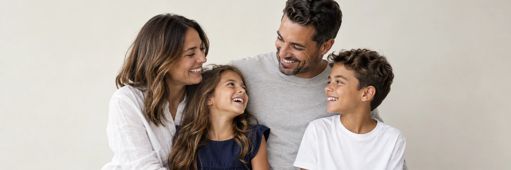 A family of four laughing together, AI-generated family illustration