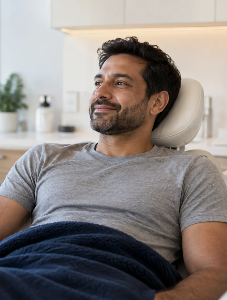 Illustrative smile portrait of a man relaxing in the dental chair, AI-generated, not a patient