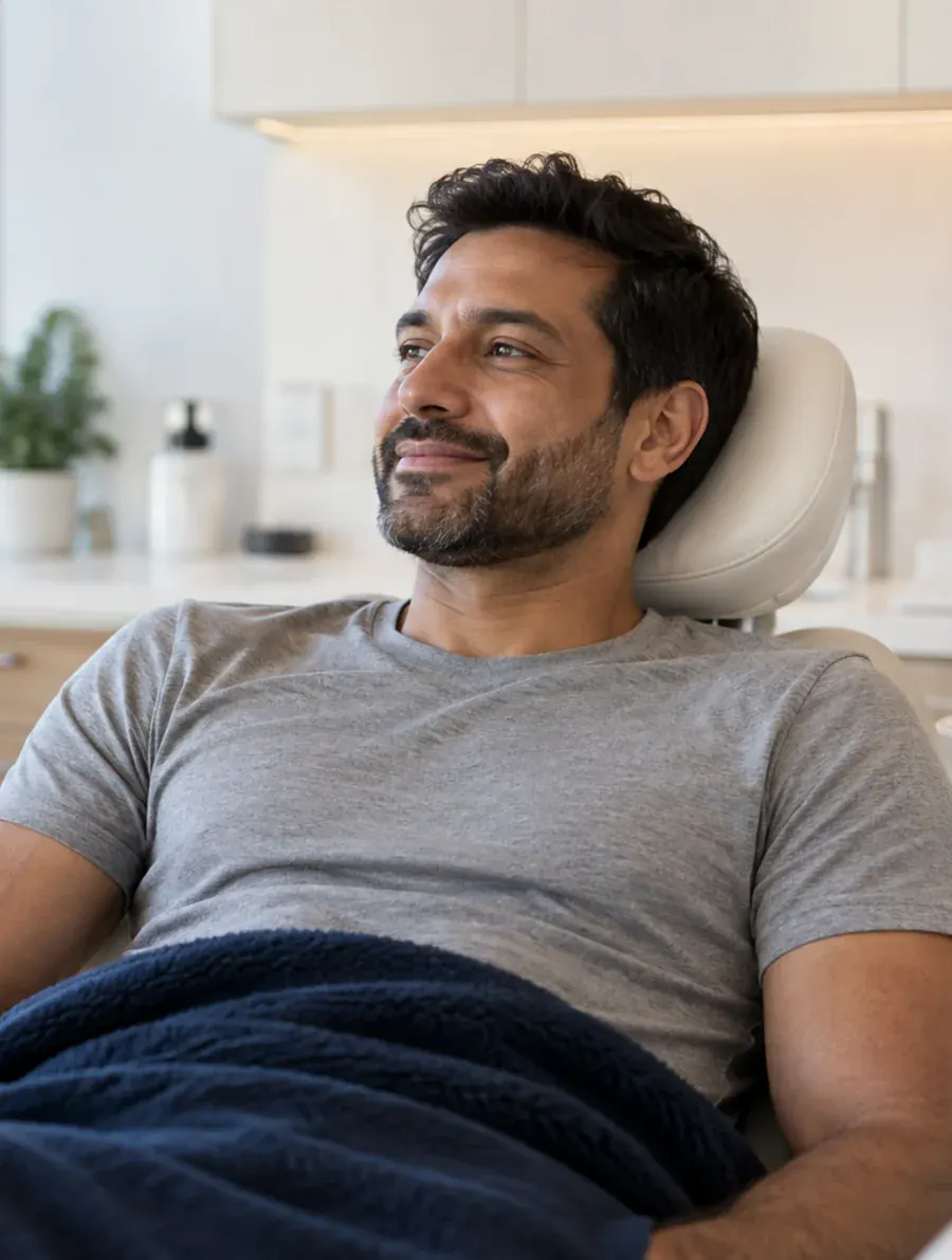 Illustrative smile portrait of a man relaxing in the dental chair, AI-generated, not a patient