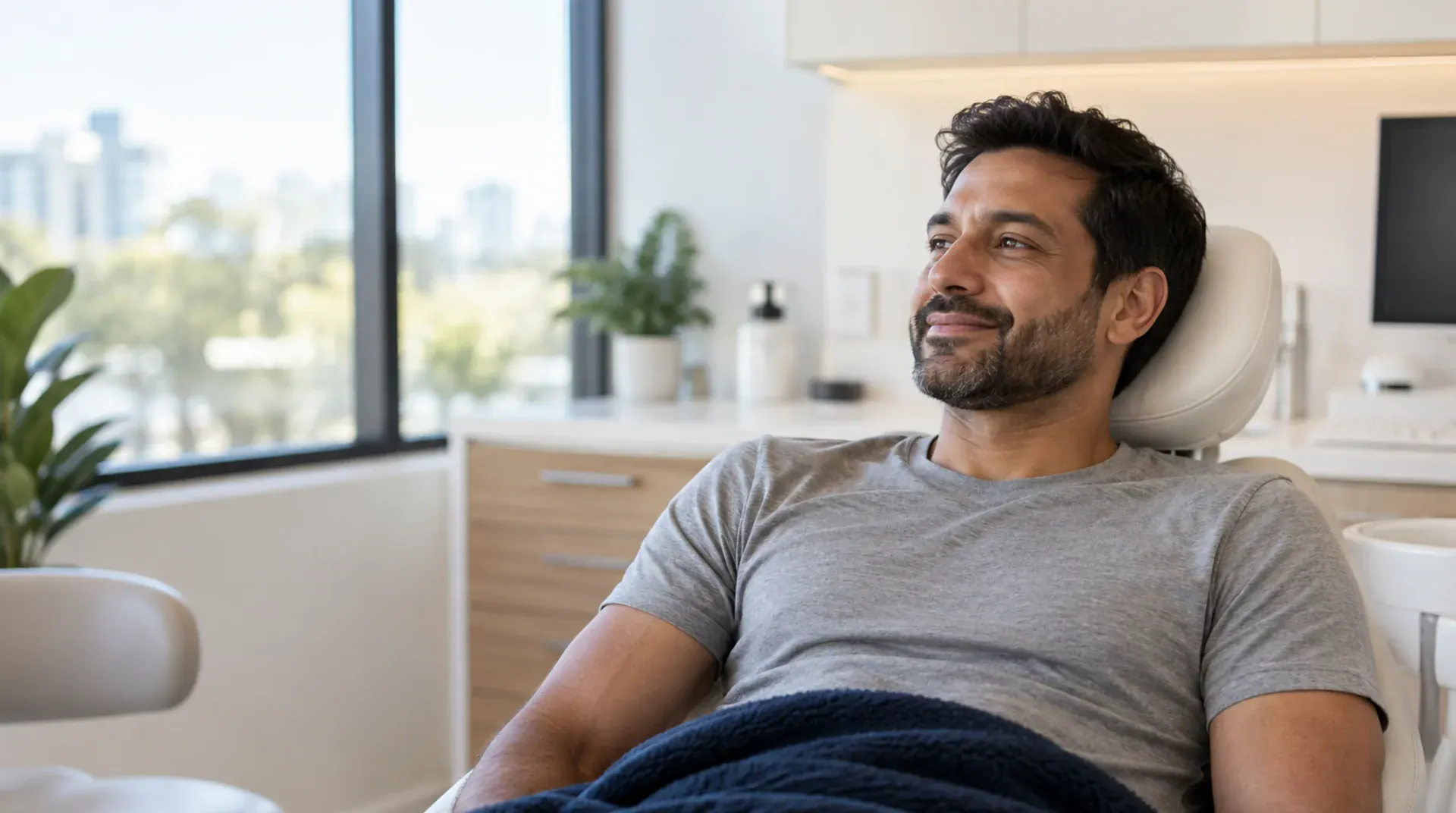 Illustrative smile portrait of a man relaxing in the dental chair, AI-generated, not a patient