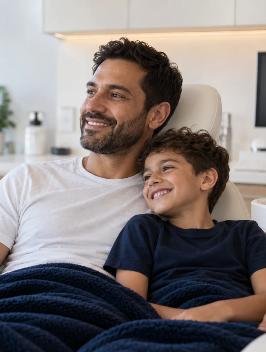 Father and son smiling together in the dental chair, AI-generated illustration, not patients