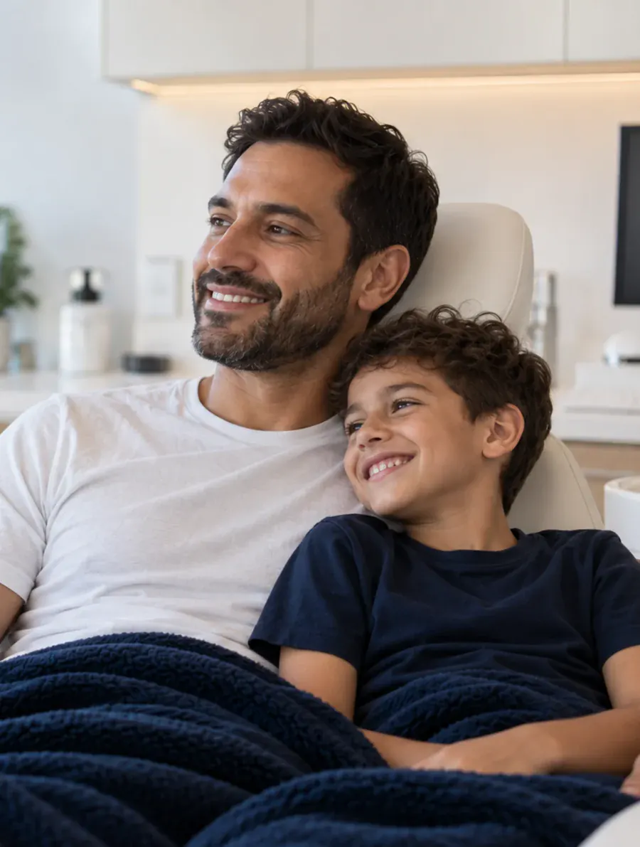 Father and son smiling together in the dental chair, AI-generated illustration, not patients